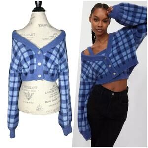 Kendall & Kylie | Women | Blue Plaid Soft Cropped Fuzzy Knit Cardigan | Small